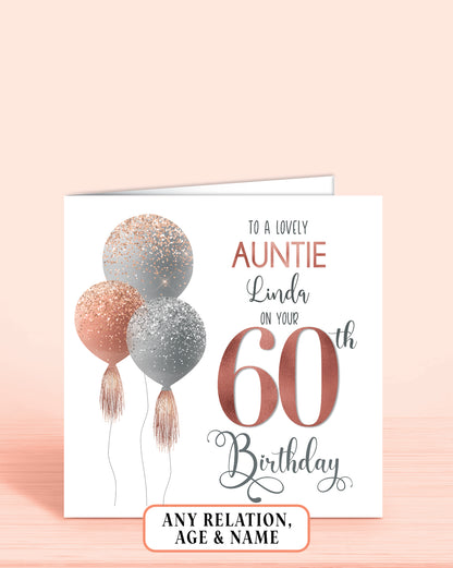 Auntie Birthday Card, Personalised 60th Birthday Card for Aunt, Pink Balloons Birthday Card (5.75" Square) - Oliver Rose Designs