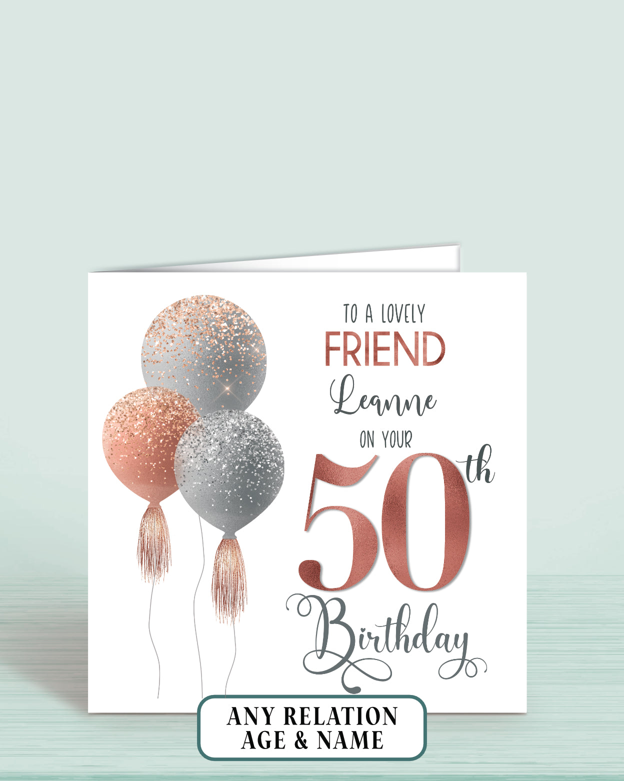 Friend Birthday Card, Personalised 50th Birthday Card for Best Friend, Pink Balloons Birthday Card (5.75" Square) - Oliver Rose Designs