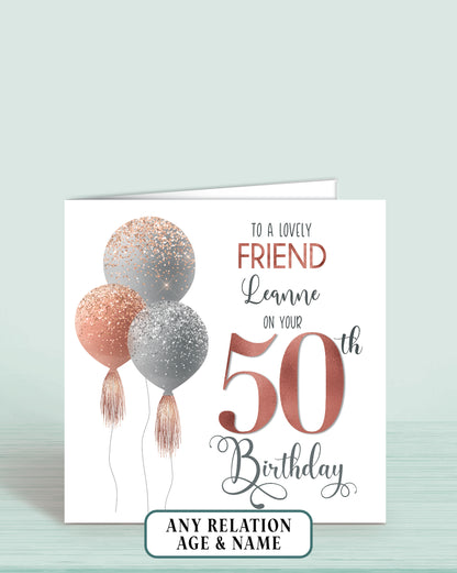 Friend Birthday Card, Personalised 50th Birthday Card for Best Friend, Pink Balloons Birthday Card (5.75" Square) - Oliver Rose Designs