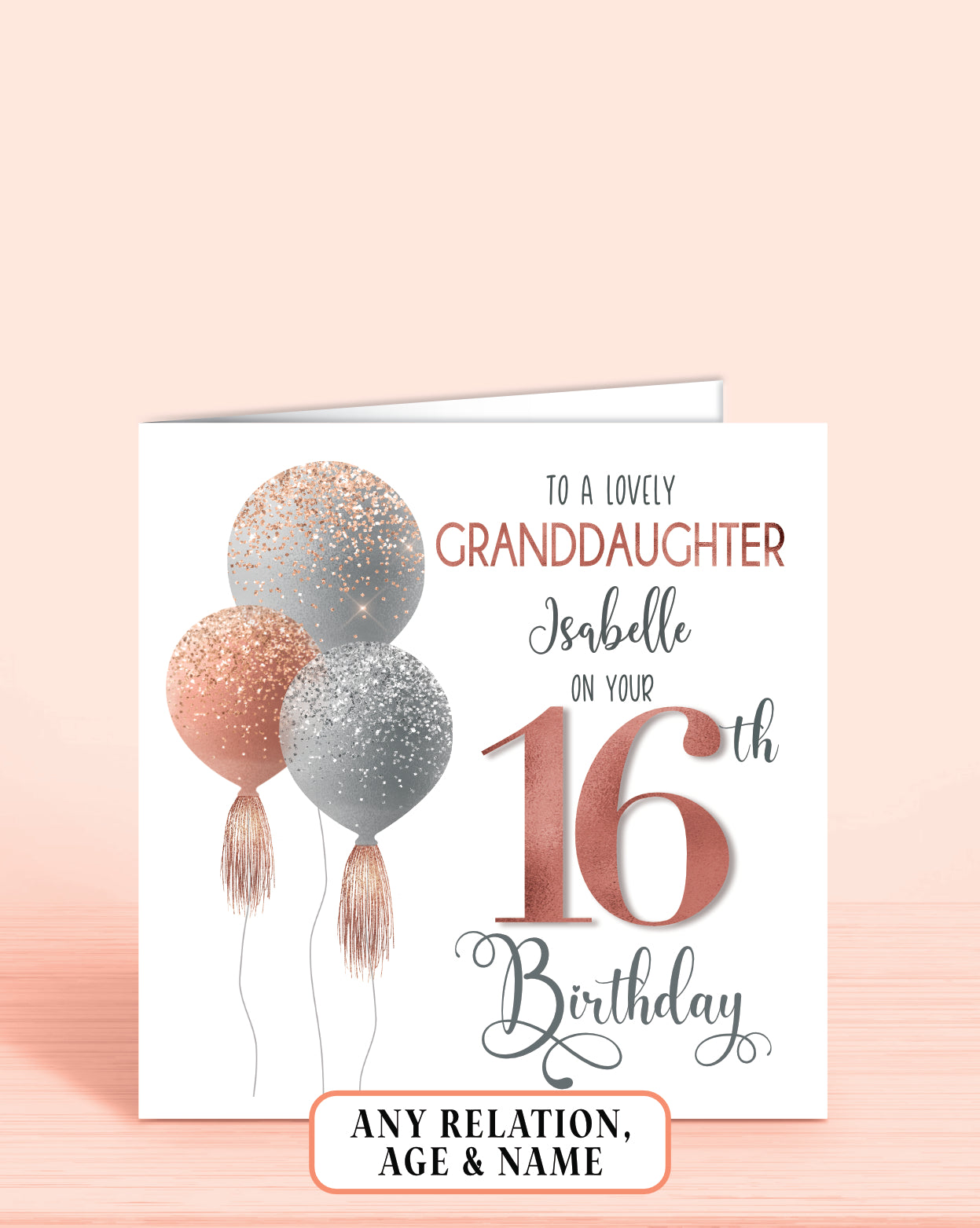 Granddaughter Birthday Card, Personalised 16th Birthday Card for Great-Granddaughter , Pink Balloons Birthday Card (5.75" Square) - Oliver Rose Designs