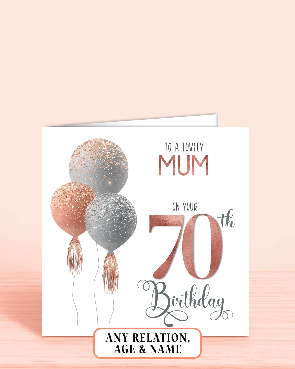 Mum Birthday Card, Personalised 70th Birthday Card for Mom Mam, Pink Balloons Birthday Card (5.75" Square) - Oliver Rose Designs