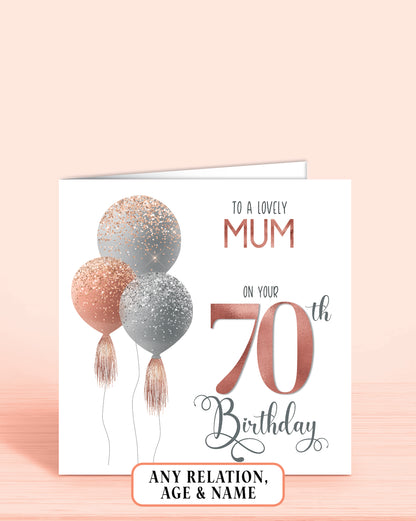 Mum Birthday Card, Personalised 70th Birthday Card for Mom Mam, Pink Balloons Birthday Card (5.75" Square) - Oliver Rose Designs