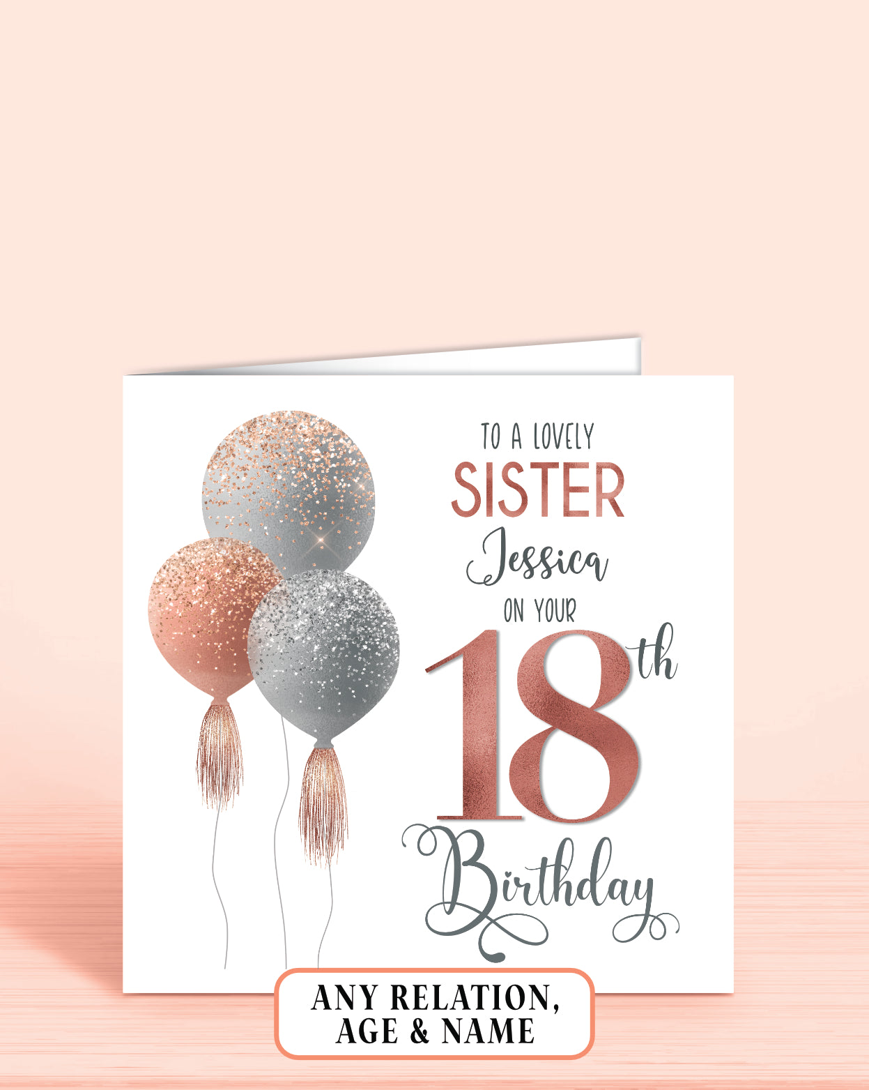 Sister Birthday Card, Personalised 18th Birthday Card for Sister, Pink Balloons Birthday Card (5.75" Square) - Oliver Rose Designs