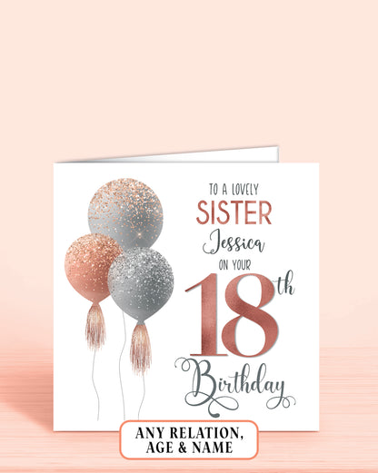 Sister Birthday Card, Personalised 18th Birthday Card for Sister, Pink Balloons Birthday Card (5.75" Square) - Oliver Rose Designs