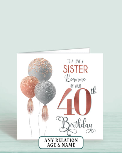 Sister Birthday Card, Personalised 40th Birthday Card for Sister In Law, Pink Balloons Birthday Card (5.75" Square) - Oliver Rose Designs