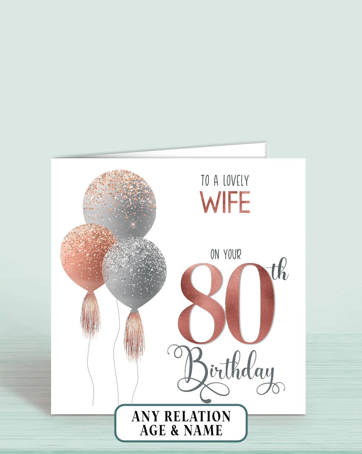 Wife Birthday Card, Personalised 80th Birthday Card for Wife, Pink Balloons Birthday Card (5.75" Square) - Oliver Rose Designs
