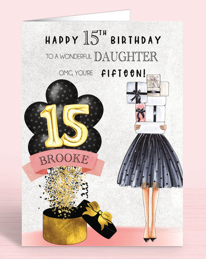 Polka Dot Balloons 15th Birthday Card, Personalised with Name of your choice, To A Wonderful Daughter, OMG You're Fifteen, Black Polka Dot Balloons with Girl holding gifts wearing a black polka dot skirt | Oliver Rose Designs