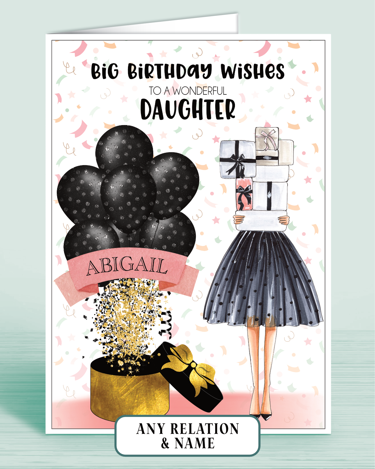 Daughter Birthday Card, Personalised with Name of your choice (optional), Big Birthday Wishes to a Wonderful Goddaughter, Black & Pink Polka Dot Balloons | Oliver Rose Designs