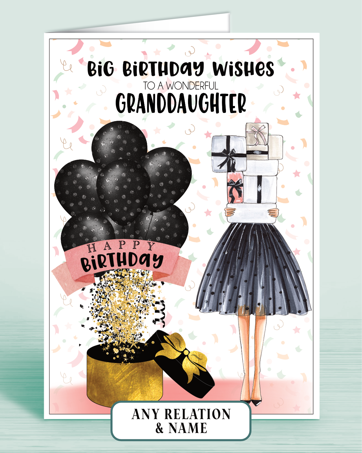 Granddaughter Birthday Card, Personalised with Name of your choice (optional), Big Birthday Wishes to a Wonderful Great-Granddaughter, Black & Pink Polka Dot Balloons | Oliver Rose Designs