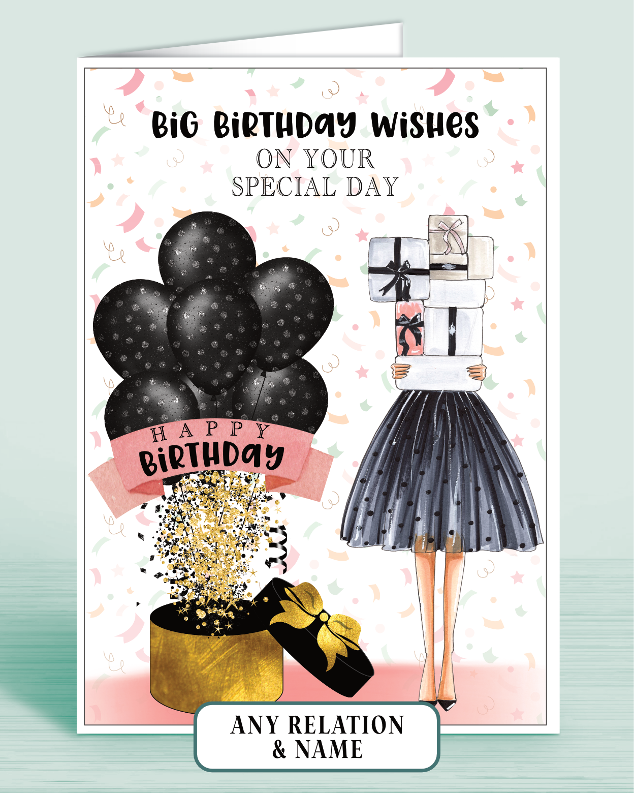 Teenager Birthday Card, Girls Personalised with Name of your choice (optional), Big Birthday Wishes on your Special Day, Black & Pink Polka Dot Balloons | Oliver Rose Designs