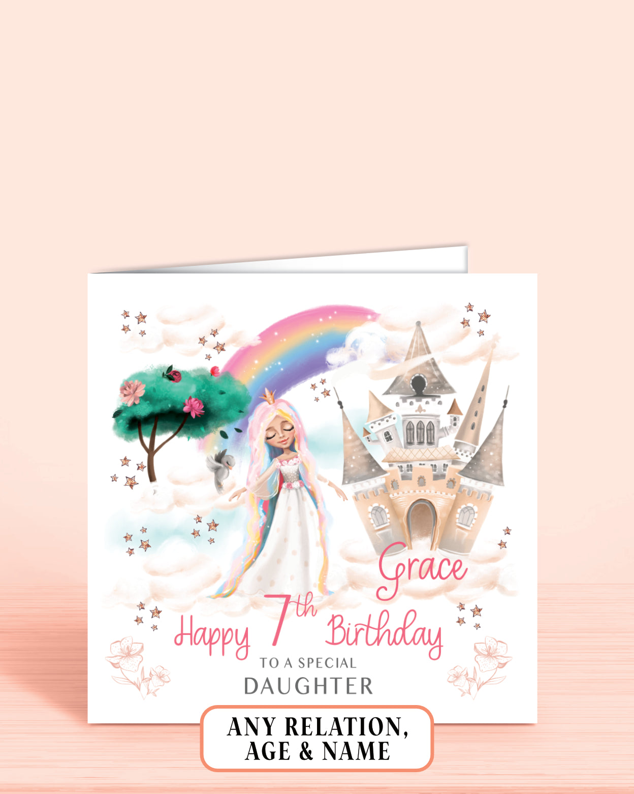 Daughter Birthday Card, Personalised 7th Birthday Card for Girls, Dreamy Princess Castle, Any Age, Any Relation | Oliver Rose Designs