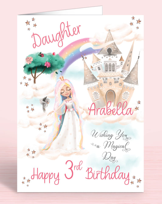 Princess Daughter 3rd Birthday Card, Personalised Birthday Card, Dreamy Rainbow Princess Castle Birthday Card, any age, any relationship | Oliver Rose Designs