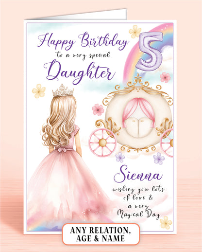 Daughter Birthday Card, Personalised 5th Birthday Card for Daughter, Princess Carriage & Castle Design [GIRL A] BLONDE HAIR | Oliver Rose Designs