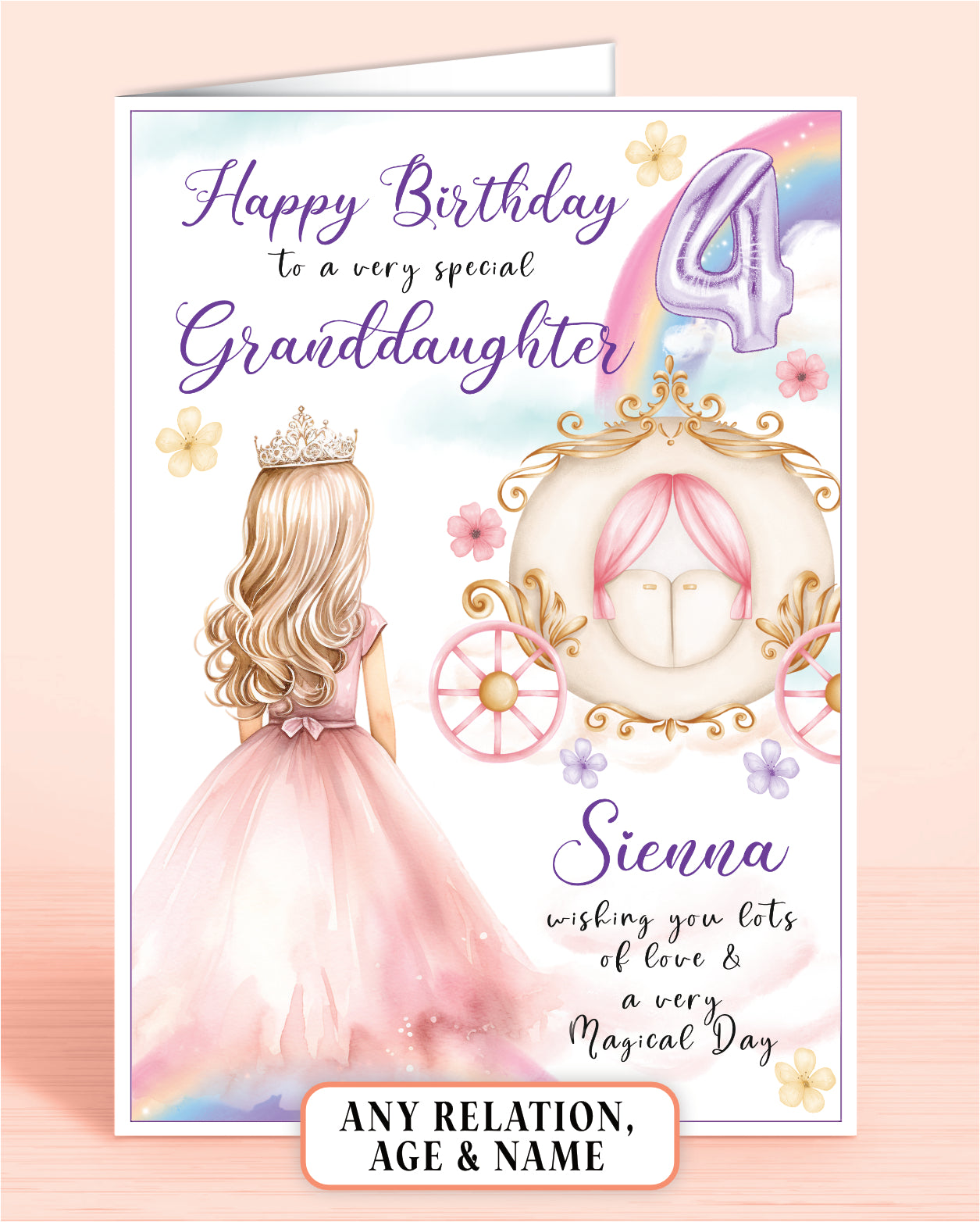 Granddaughter Birthday Card, Personalised 4th Birthday Card for Granddaughter, Princess Carriage & Castle Design [GIRL A] BLONDE HAIR | Oliver Rose Designs