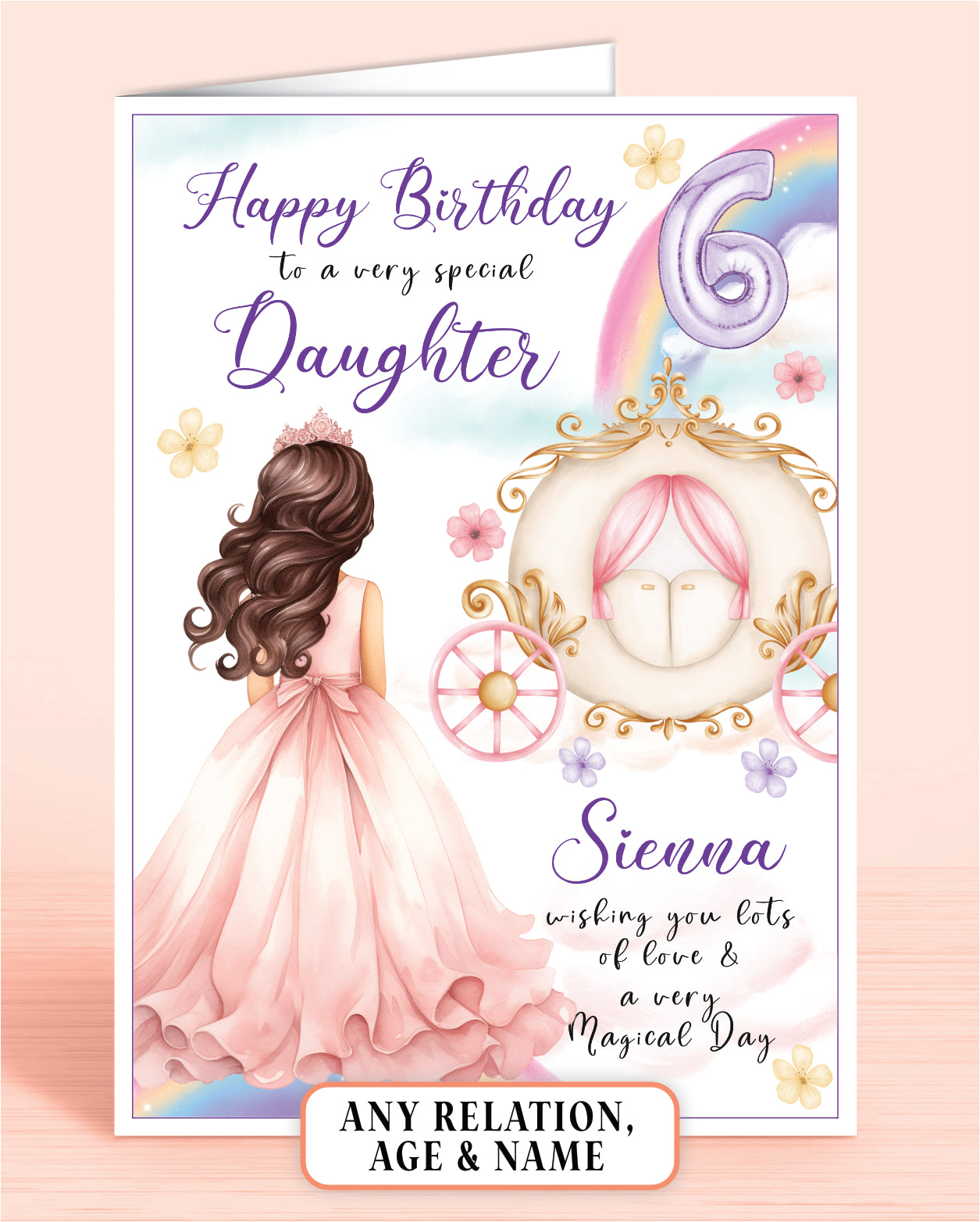 Daughter Birthday Card, Personalised 6th Birthday Card for Daughter, Princess Carriage & Castle Design [GIRL B] DARK BROWN HAIR | Oliver Rose Designs