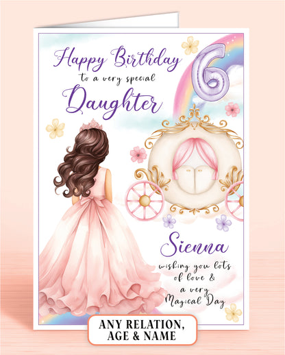 Daughter Birthday Card, Personalised 6th Birthday Card for Daughter, Princess Carriage & Castle Design [GIRL B] DARK BROWN HAIR | Oliver Rose Designs