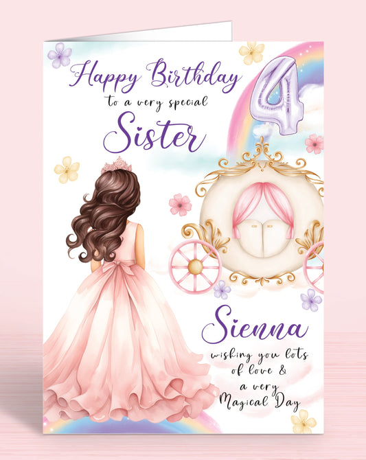 Princess Carriage Personalised Birthday Card, Niece 5th, 6th Birthday Card, Happy Birthday to a very special Sister, [Name] wishing you lots of love & a very Magical Day [GIRL B] DARK BROWN HAIR | Oliver Rose Designs