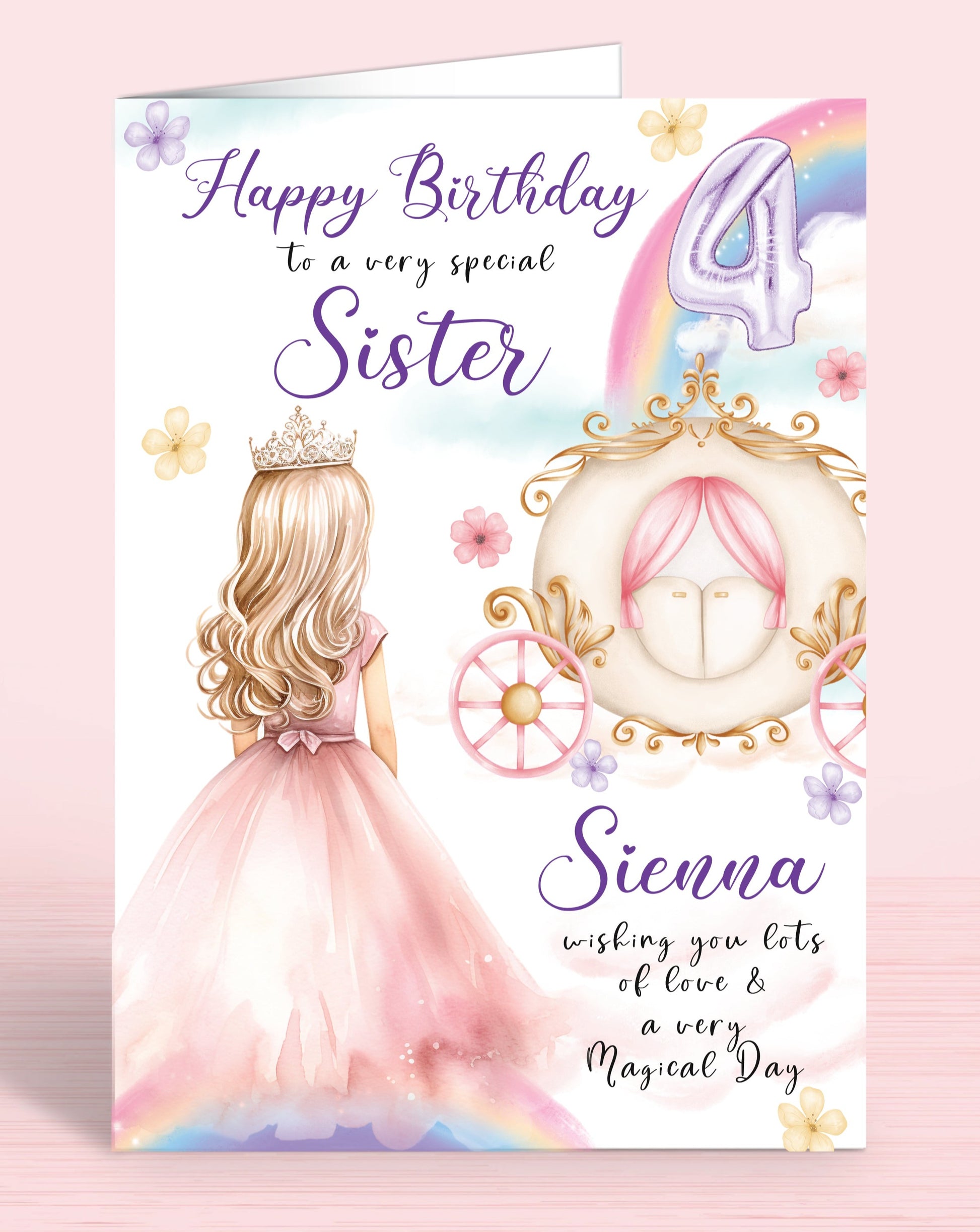 Princess Carriage Personalised Birthday Card, Niece 4th, 7th Birthday Card, Happy Birthday to a very special Sister, [Name] wishing you lots of love & a very Magical Day [GIRL A] BLONDE HAIR | Oliver Rose Designs