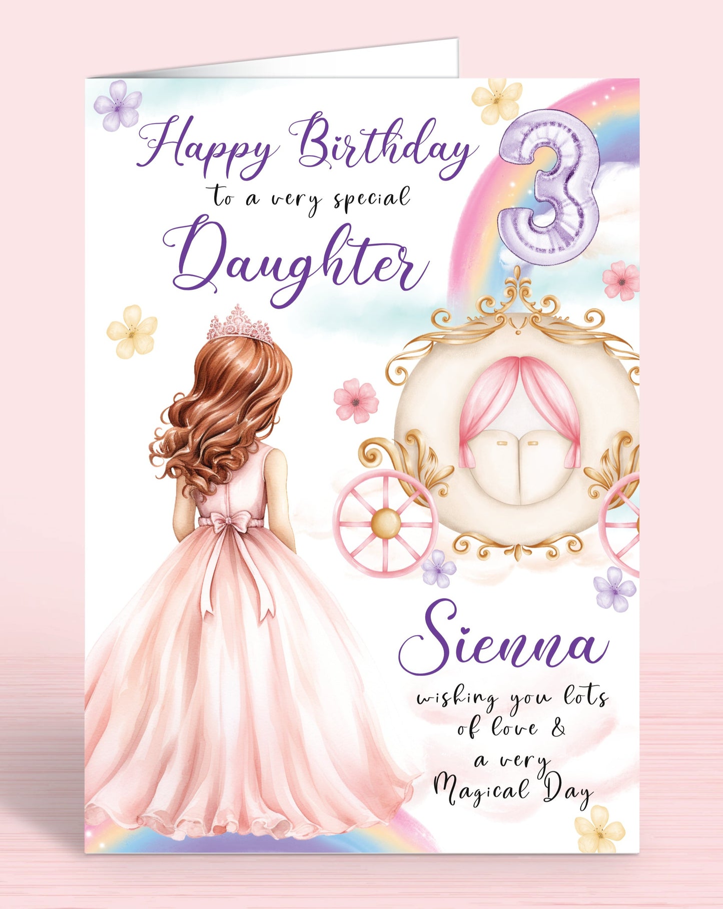 Princess Carriage Personalised Birthday Card, Granddaughter 3rd, 4th Birthday Card, Happy Birthday to a very special Daughter, [Name] wishing you lots of love & a very Magical Day [GIRL C] RED HAIR | Oliver Rose Designs
