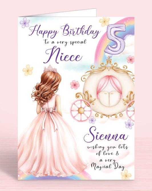 Princess Carriage Personalised Birthday Card, Sister 5th, 6th Birthday Card, Happy Birthday to a very special Niece, [Name] wishing you lots of love & a very Magical Day [GIRL C] RED HAIR | Oliver Rose Designs