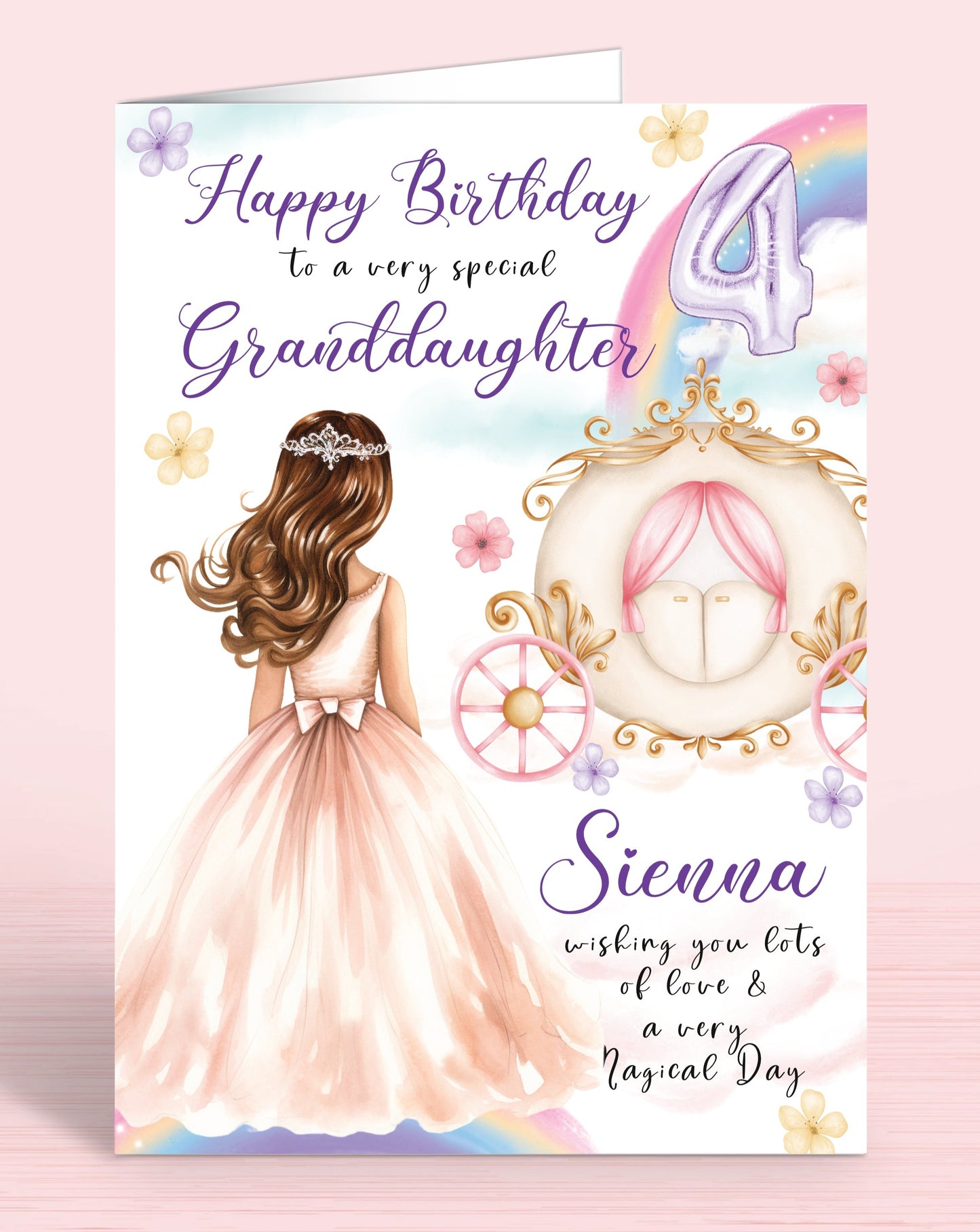 Princess Carriage Personalised Birthday Card, Daughter 4th, 5th Birthday Card, Happy Birthday to a very special Granddaughter, [Name] wishing you lots of love & a very Magical Day [GIRL D] BROWN HAIR | Oliver Rose Designs