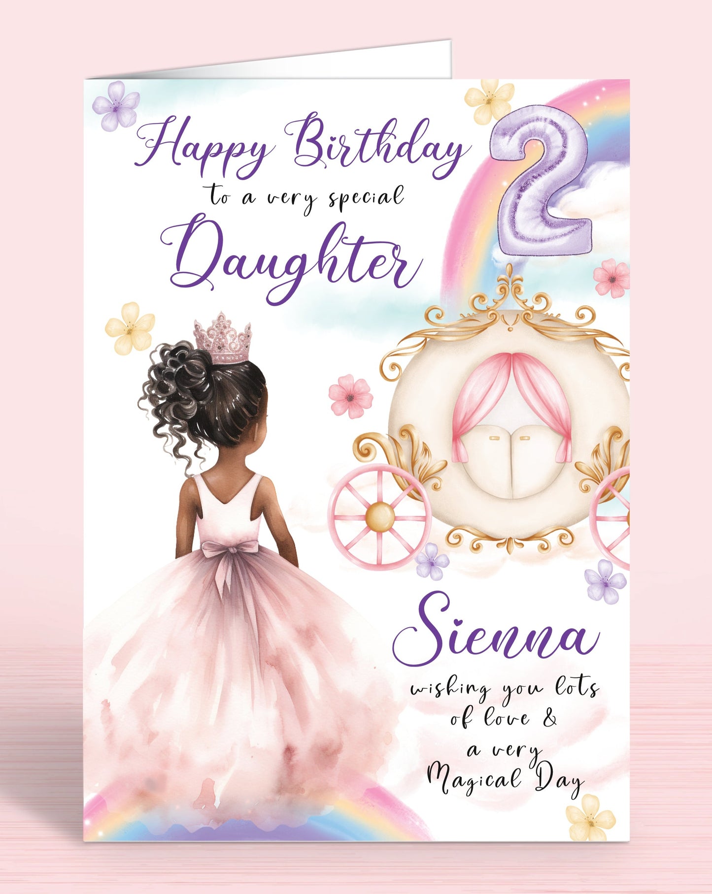 Princess Carriage Personalised Birthday Card, Granddaughter 2nd, 3rd Birthday Card, Happy Birthday to a very special Daughter, [Name] wishing you lots of love & a very Magical Day [GIRL E] BLACK HAIR | Oliver Rose Designs