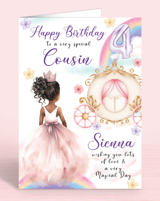 Princess Carriage Personalised Birthday Card, Niece 4th, 5th Birthday Card, Happy Birthday to a very special Cousin, [Name] wishing you lots of love & a very Magical Day [GIRL E] BLACK HAIR | Oliver Rose Designs