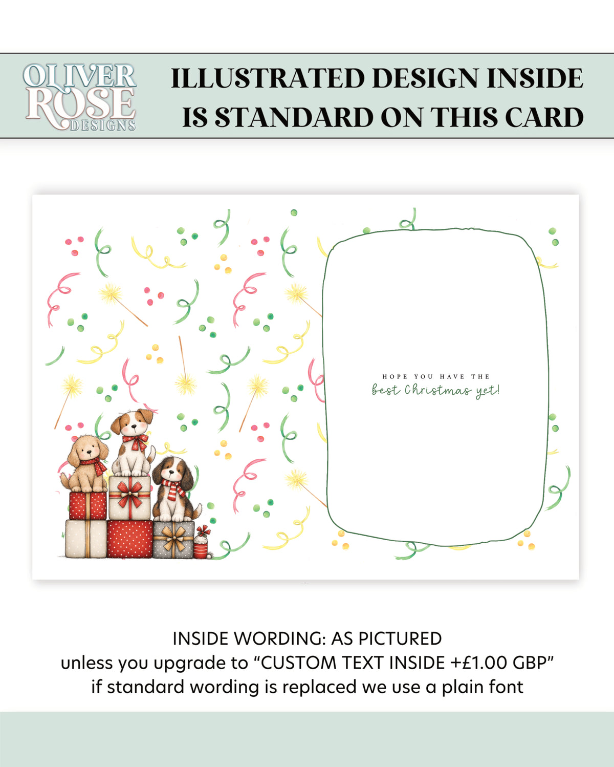 The Inside of Oliver Rose Designs Dog Lovers Christmas card, printed with puppies on wrapped gifts & the words: Hope you have the best christmas yet. Alternatively, choose to customise with your own words instead.