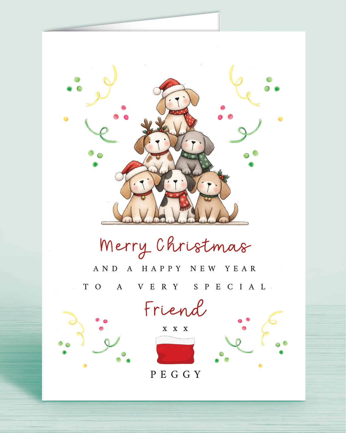 A Dog Lovers christmas card with a stack of christmas tree shaped Puppies and text underneath that reads: Merry Christmas and a happy new year to a very special friend xxx - Name is optional.