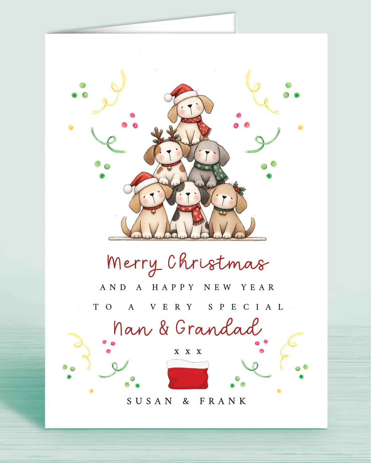 A Dog Lovers christmas card with a stack of christmas tree shaped Puppies and text underneath that reads: Merry Christmas and a happy new year to a very special nan & grandad xxx - Names are optional.