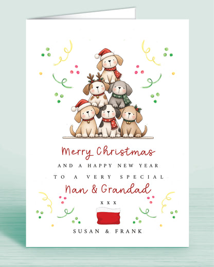 A Dog Lovers christmas card with a stack of christmas tree shaped Puppies and text underneath that reads: Merry Christmas and a happy new year to a very special nan & grandad xxx - Names are optional.