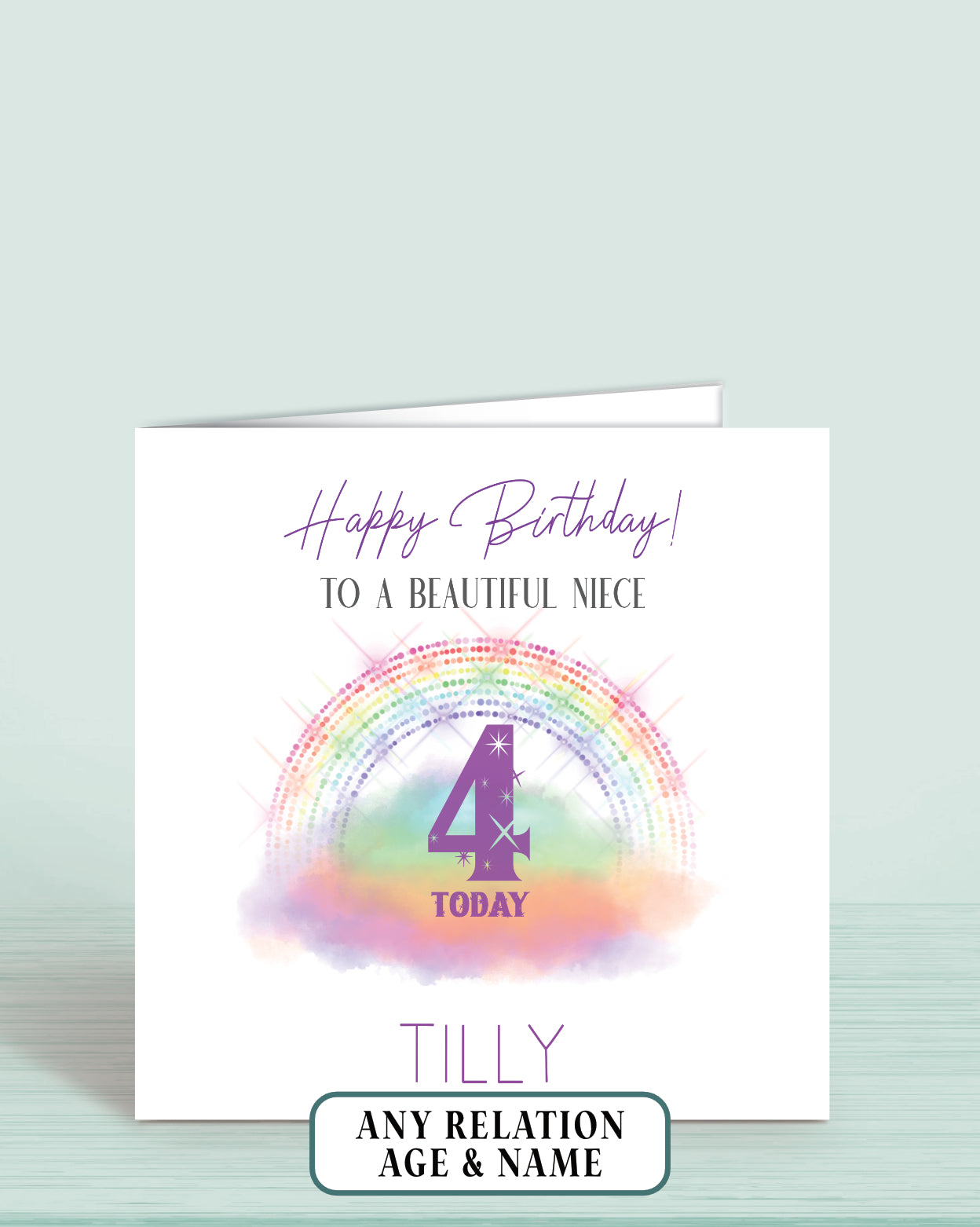 Rainbow cloud birthday card. Age 4 Happy Birthday to a beautiful Niece, personalised if required.