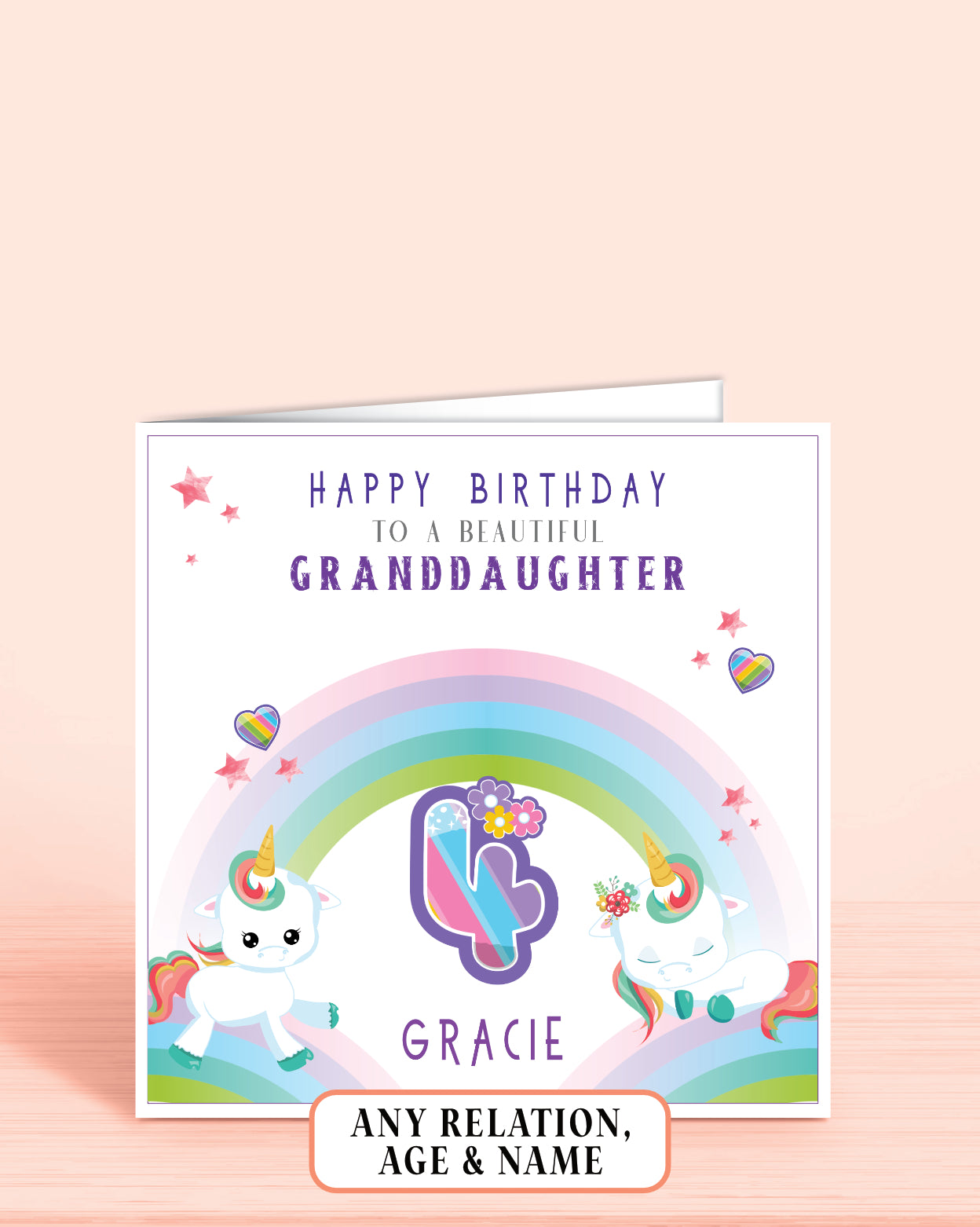 Birthday card for a granddaughter with a unicorn and rainbow design personalised with her name if required.