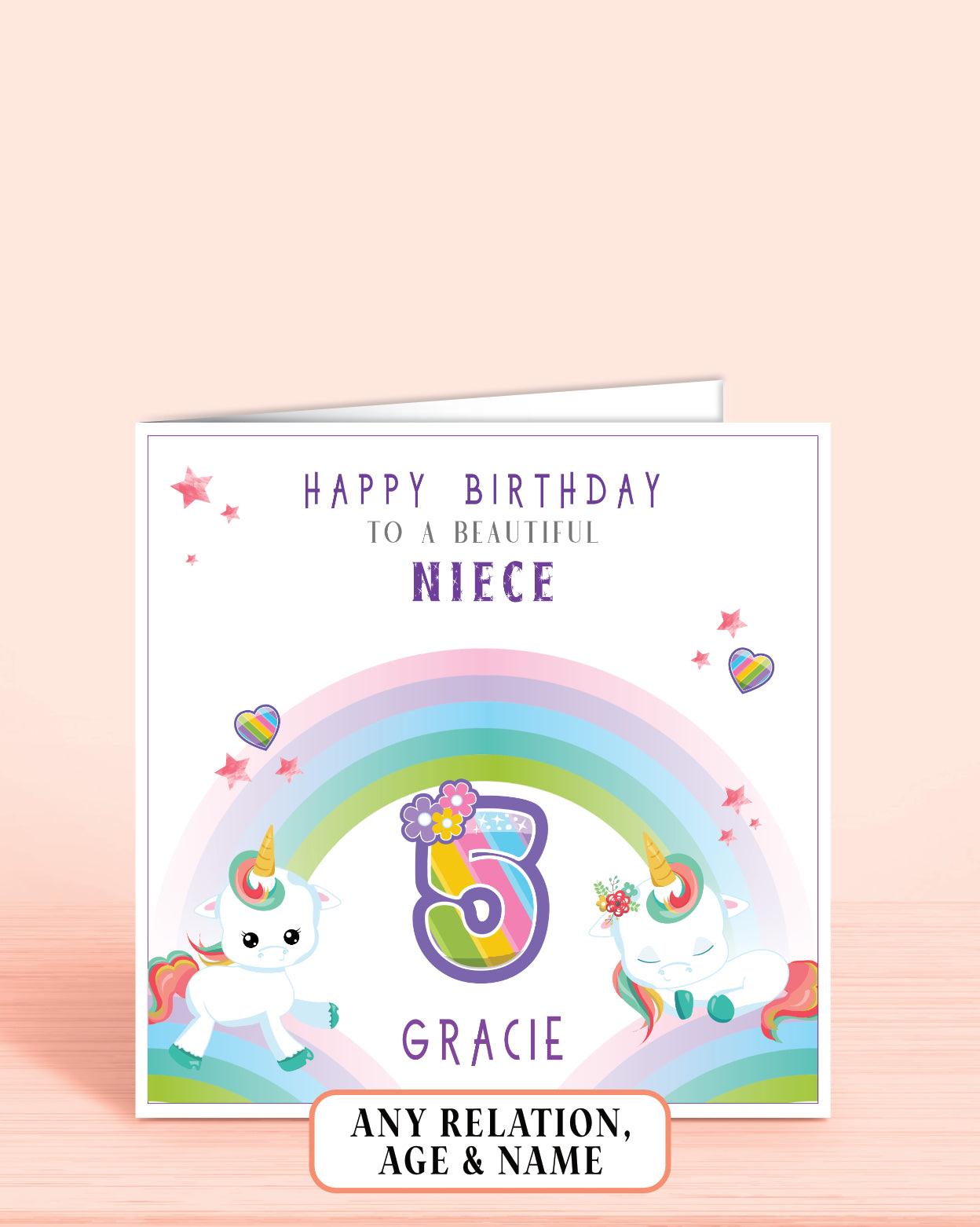 Birthday card for a niece with a unicorn and rainbow design personalised with her name if required.