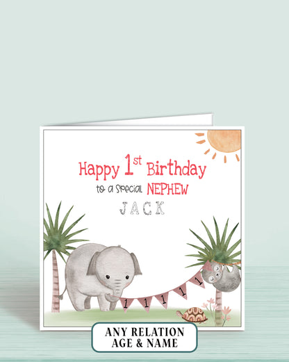 Nephew Birthday Card, 1st Birthday Card for Nephew, Personalised Safari Animals Birthday Card for Boys | Oliver Rose Designs