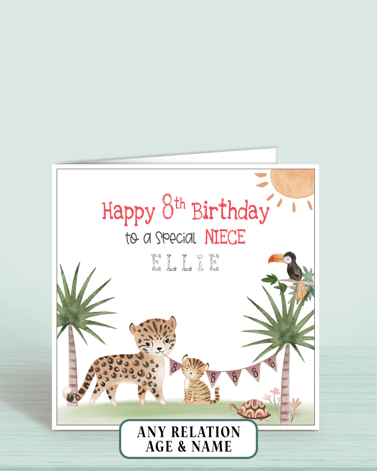 Niece Birthday Card, 8th Birthday Card for Niece, Personalised Safari Animals Birthday Card for Girls | Oliver Rose Designs