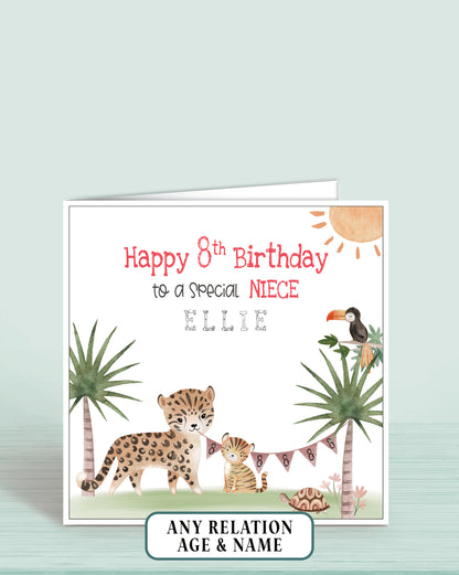 Niece Birthday Card, 8th Birthday Card for Niece, Personalised Safari Animals Birthday Card for Girls | Oliver Rose Designs
