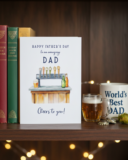 Image of Beer Themed Father's Day Card on shelf, lifestyle image created with Ai assistance | Oliver Rose Designs