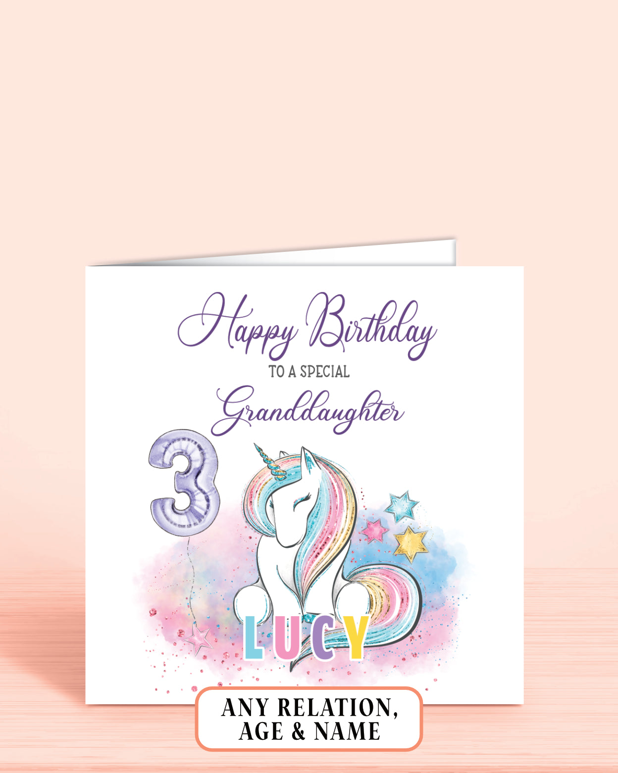 Granddaughter Birthday Card, Girls 3rd Birthday Card, Personalised Unicorn design in pastel rainbow colours
