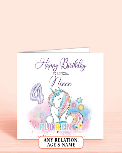 Niece Birthday Card, Girls 4th Birthday Card, Personalised Unicorn design in pastel rainbow colours