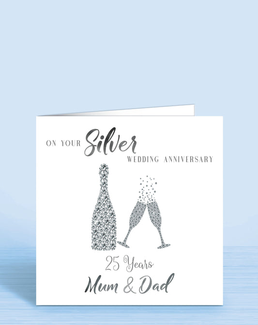 Silver Anniversary Card, 25th Anniversary Card, Mum & Dad, 25 years wedding, on your silver anniversary | Oliver Rose Designs