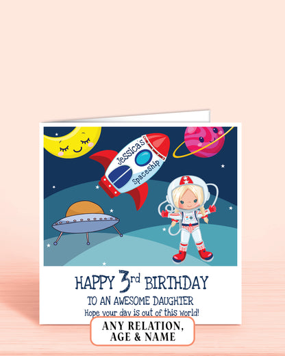 Personalised birthday card for Daughter with space-themed design and girl with blonde hair astronaut illustration on a dark blue background.