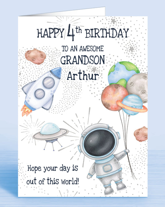 Space Theme Astronaut A5 Personalised 5th Birthday Card GRANDSON Hope your day is out of this world Rocket Asteroid Planets Spaceship Spaceman | Oliver Rose Designs