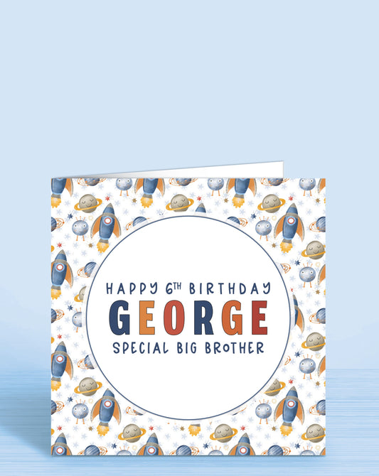 Space Rocket Personalised Birthday Card for Boys or Girls, Any Age, Any Relation, Add a Name, Happy 6th Birthday, Special Big Brother | Oliver Rose Designs