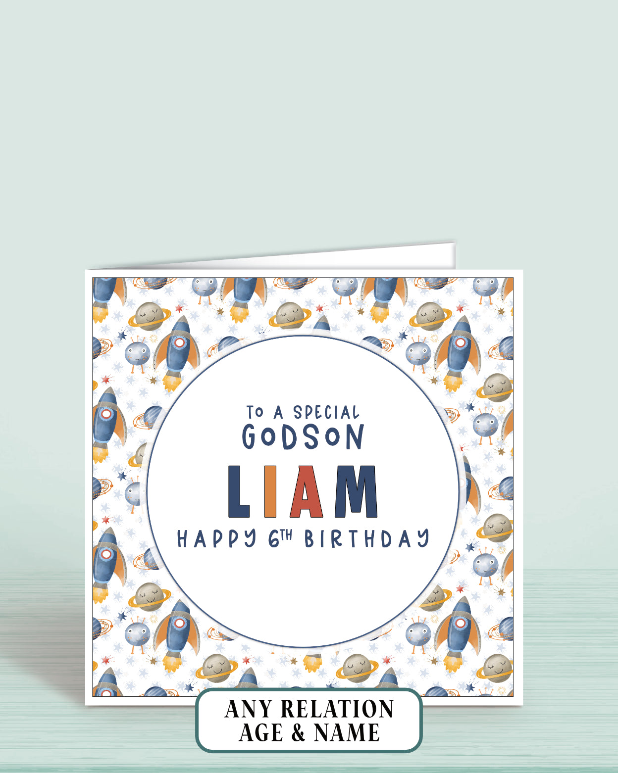 Personalised birthday card for Godson with space-themed rocket design and text reading: To a Special Godson [NAME] Happy 6th Birthday