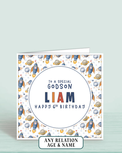 Personalised birthday card for Godson with space-themed rocket design and text reading: To a Special Godson [NAME] Happy 6th Birthday