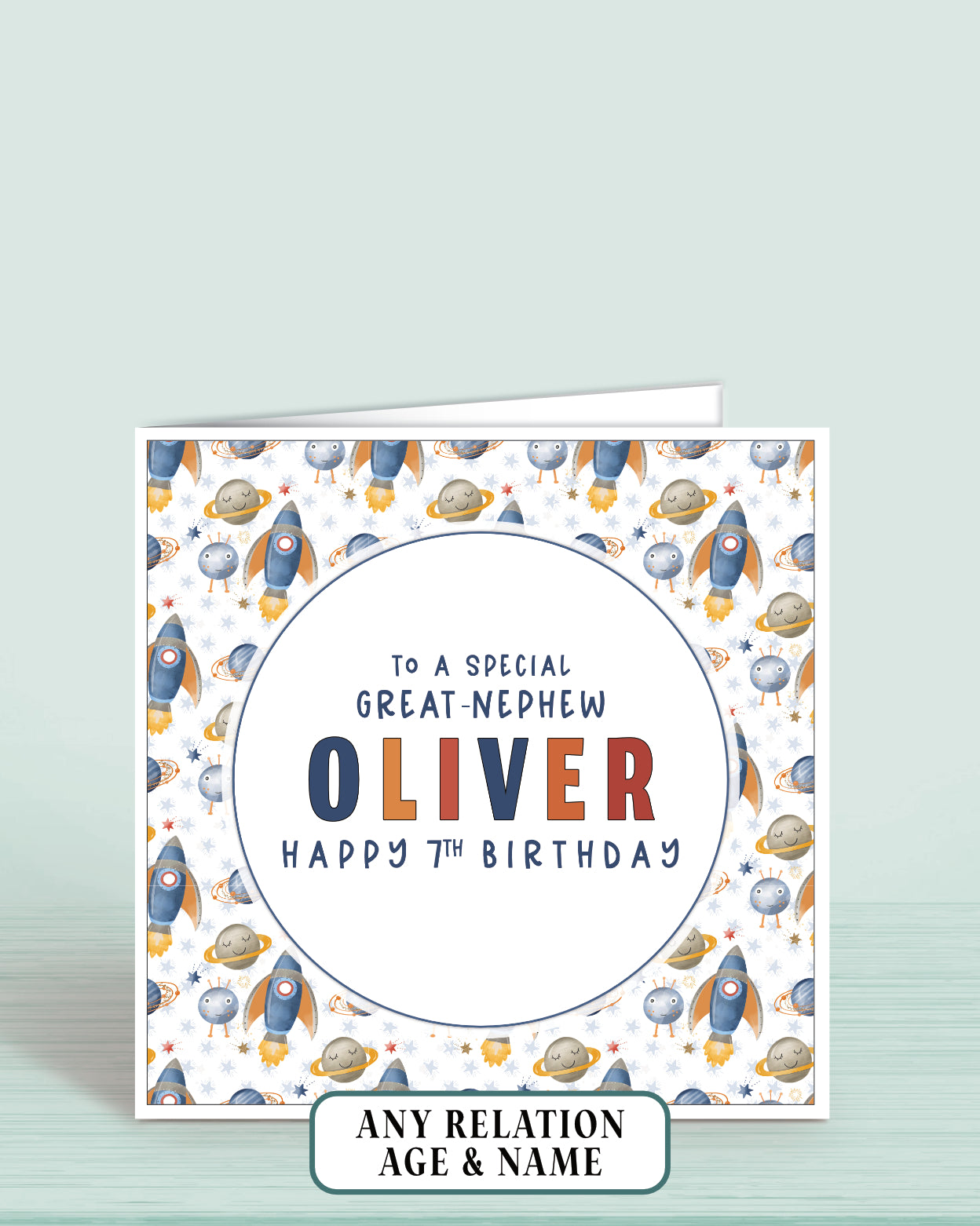 Personalised birthday card for Great-Nephew with space-themed rocket design and text reading: To a Special Great-Nephew [NAME] Happy 7th Birthday