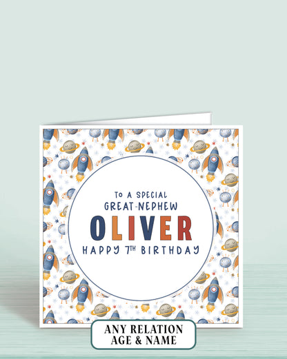 Personalised birthday card for Great-Nephew with space-themed rocket design and text reading: To a Special Great-Nephew [NAME] Happy 7th Birthday