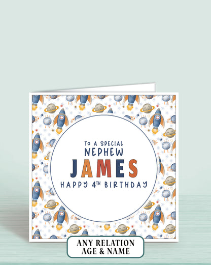 Personalised birthday card for Nephew with space-themed rocket design and text reading: To a Special Nephew [NAME] Happy 4th Birthday