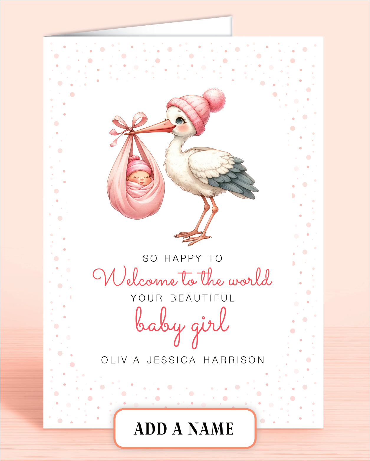 Newborn Baby Girl Congratulations Card, Personalised with Name, Pink Stork Design Welcome to the world | Oliver Rose Designs